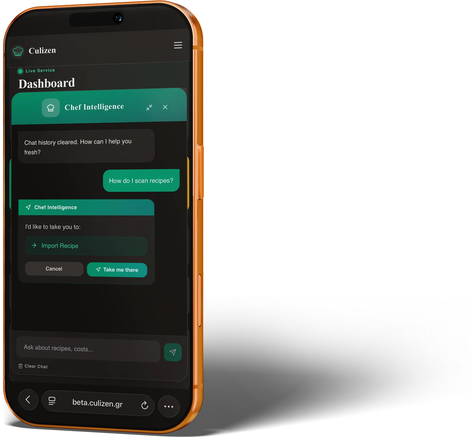 Chef Intelligence AI assistant on mobile offering quick culinary advice and recipe navigation