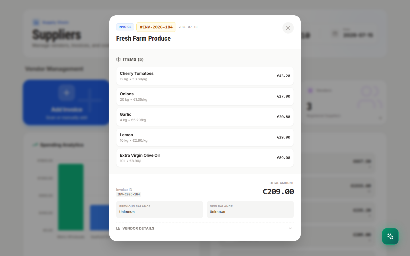 Invoice review modal showing matched items, quantities, and totals