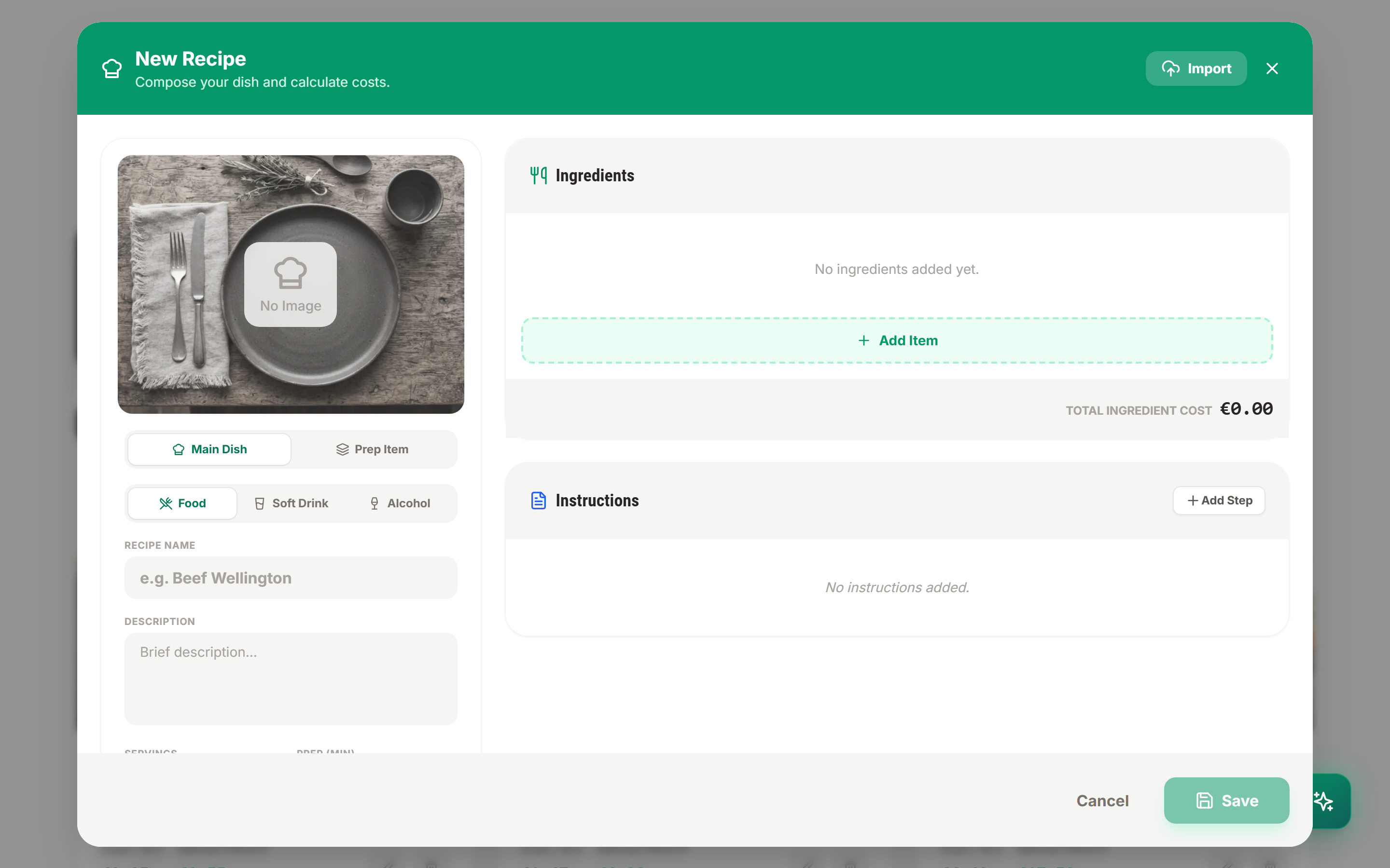 Culizen recipe creator with Main Dish, Prep Item, and document import options