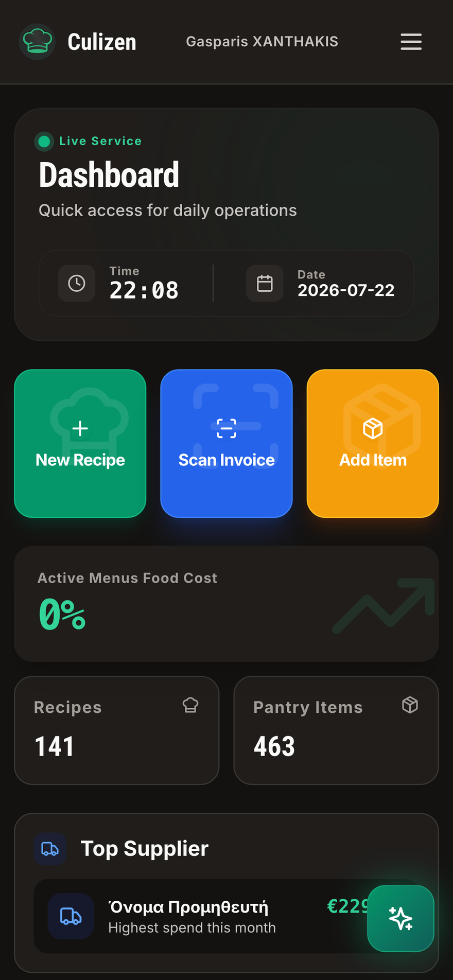 Culizen mobile dashboard with live service stats, quick actions, and recipe/pantry counts