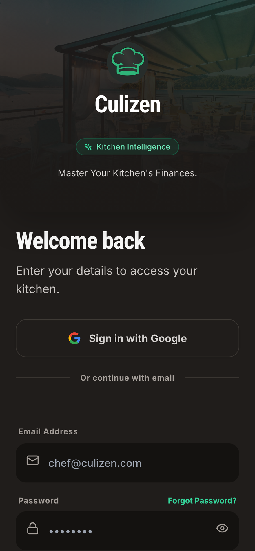 Culizen sign-in screen with email and password fields