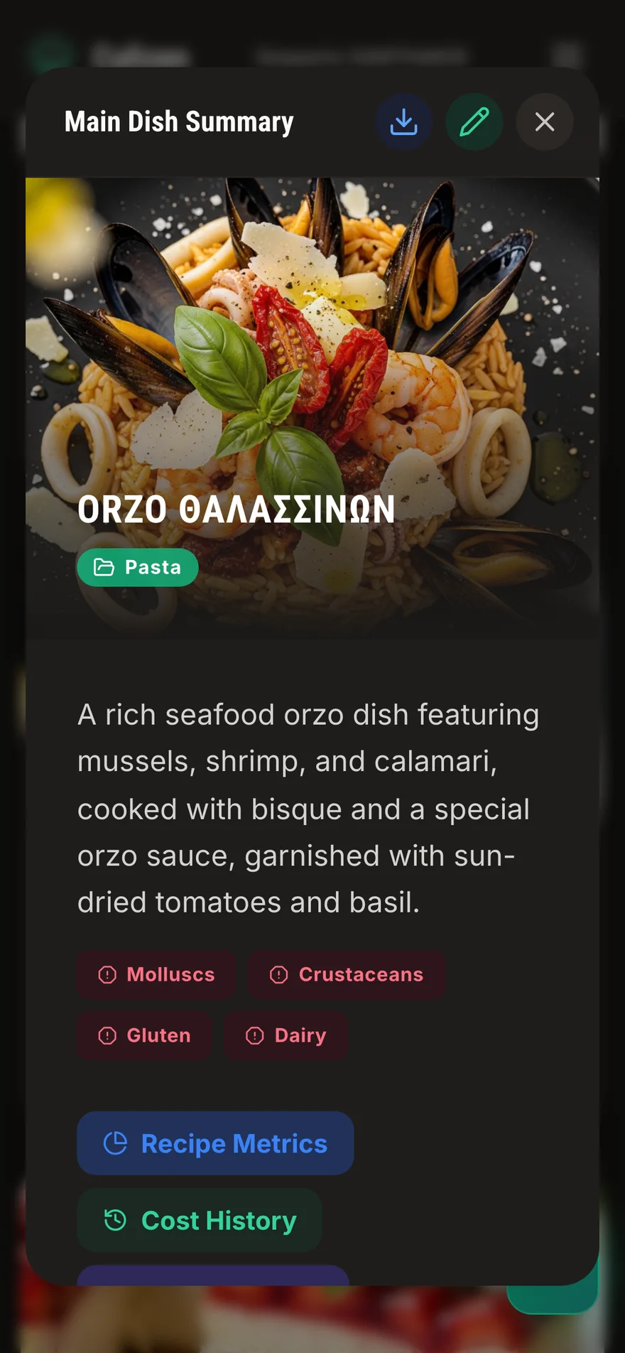 Recipe summary dialog showing automatic allergen rollups and export controls