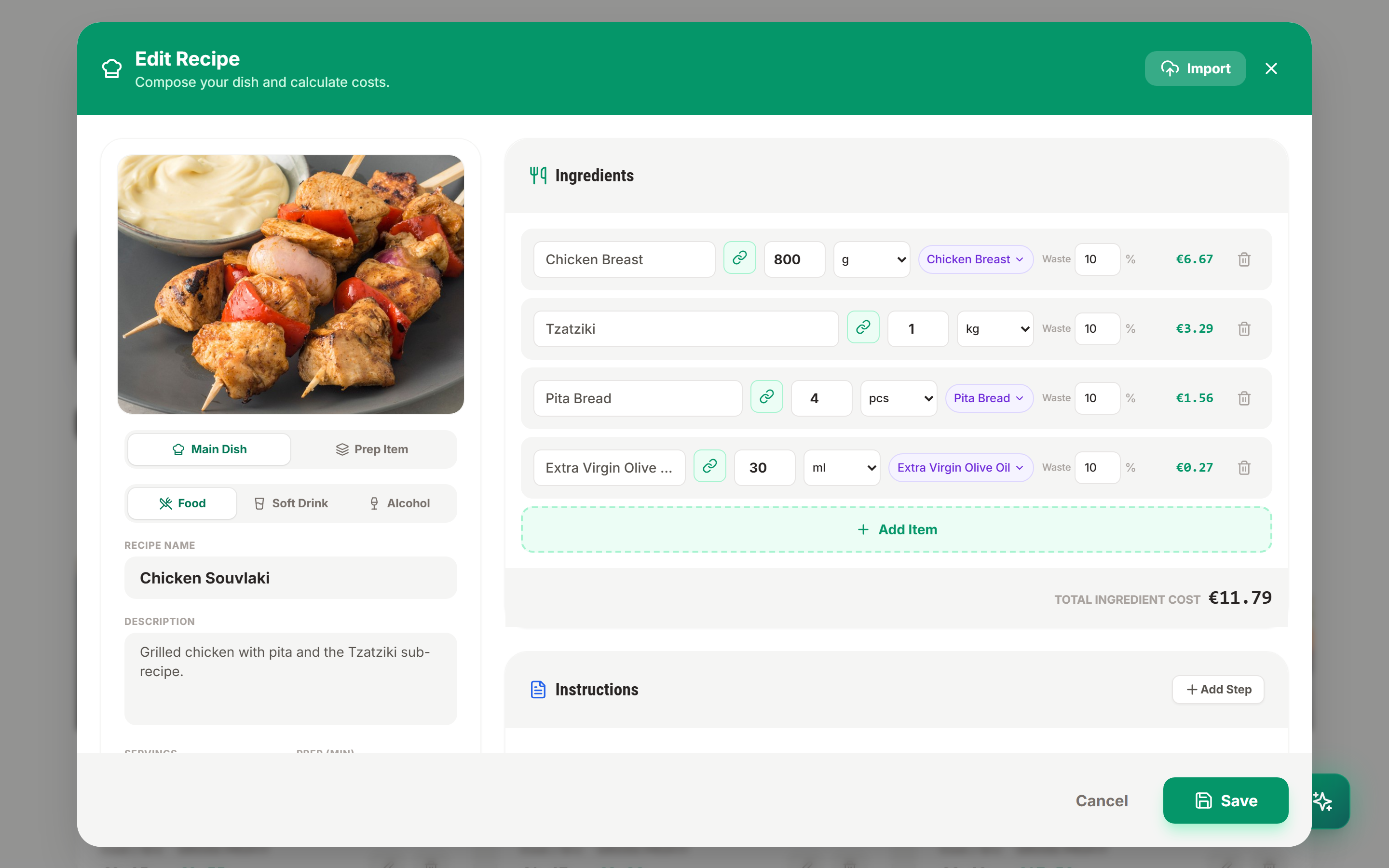 The Recipe Editor showing ingredient quantities, units, waste percentages, and live line costs