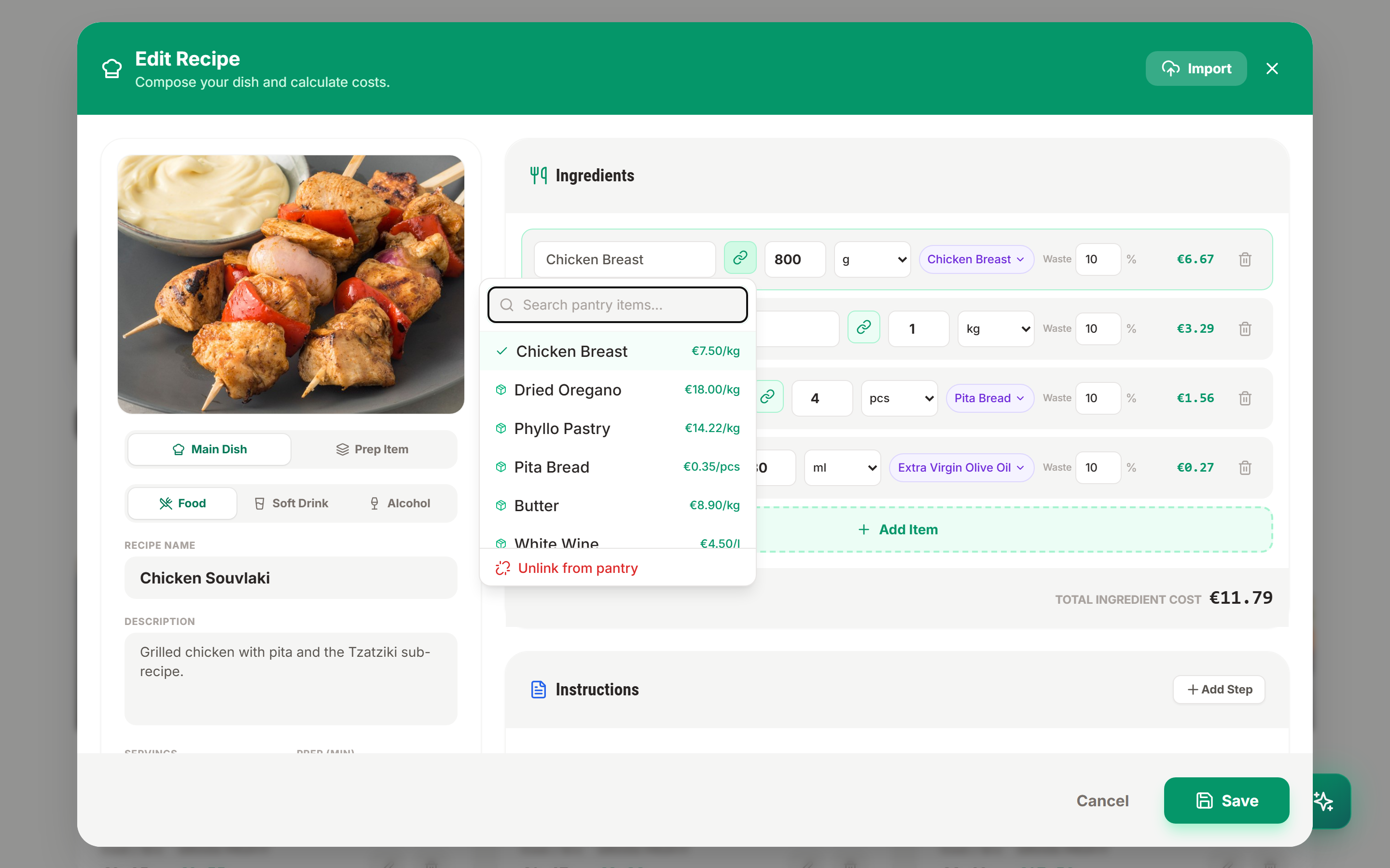Linking ingredients to pantry items inside the Recipe Editor