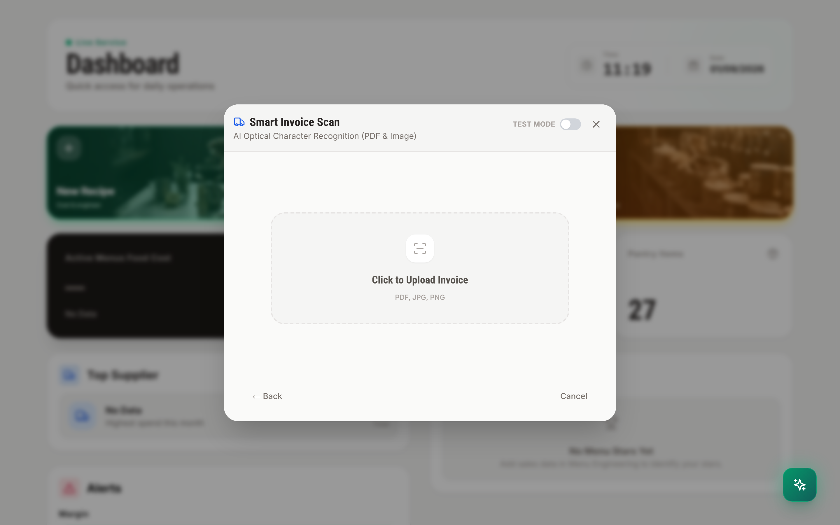 Smart Invoice Scan modal accepting PDFs and images with AI OCR