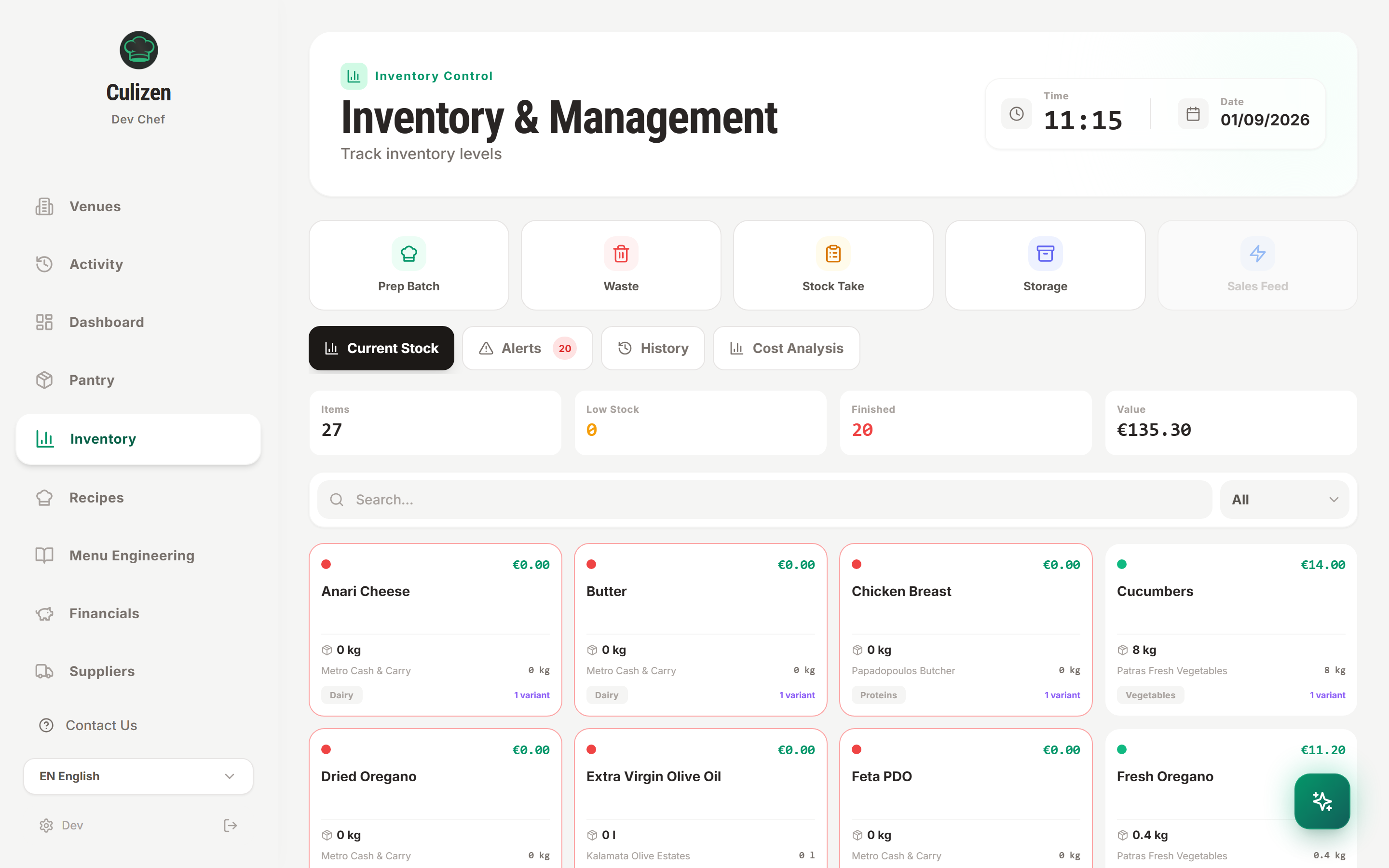 Culizen Inventory and Stock Control Management Table