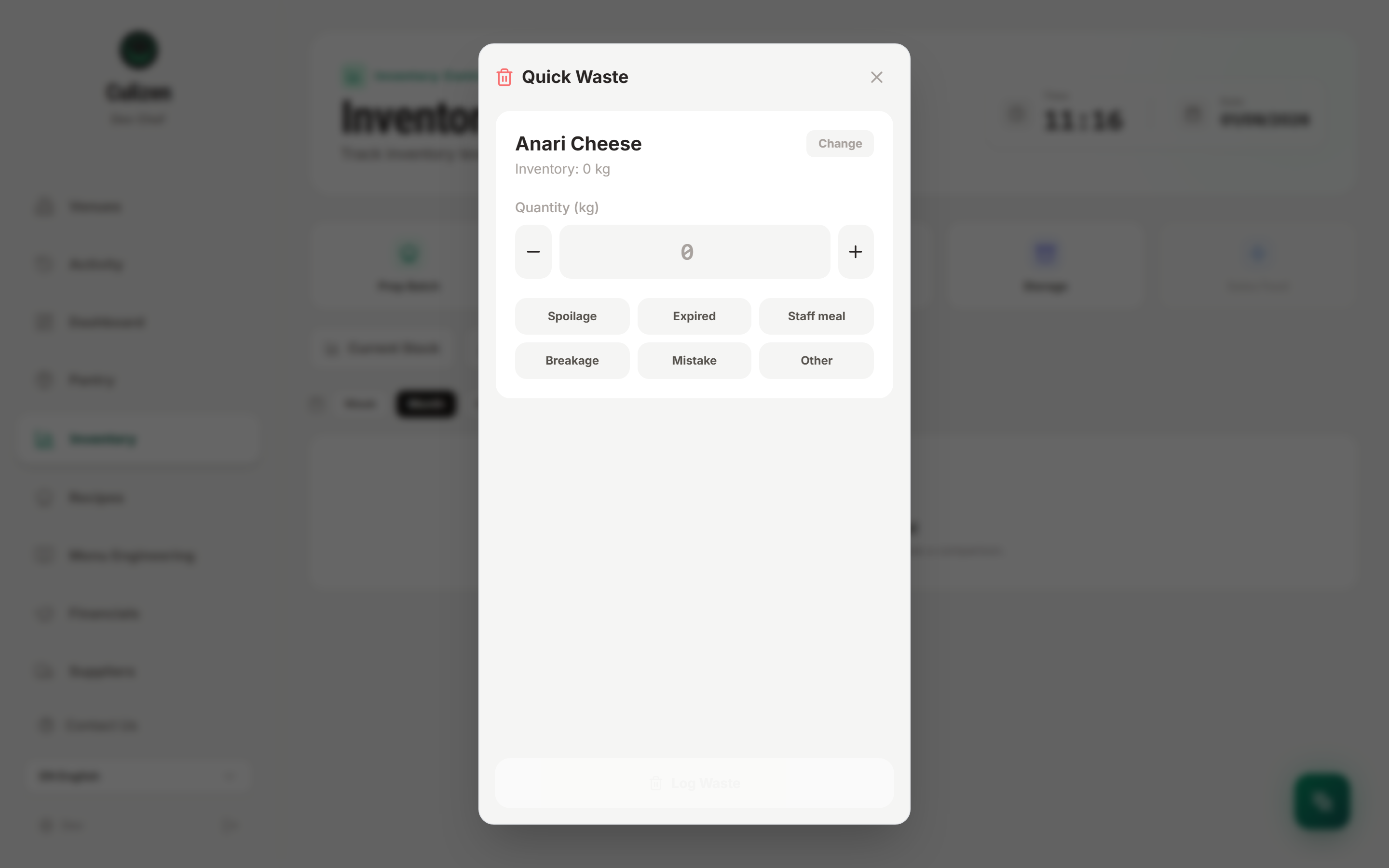 Culizen Quick Waste Entry Form with reason codes
